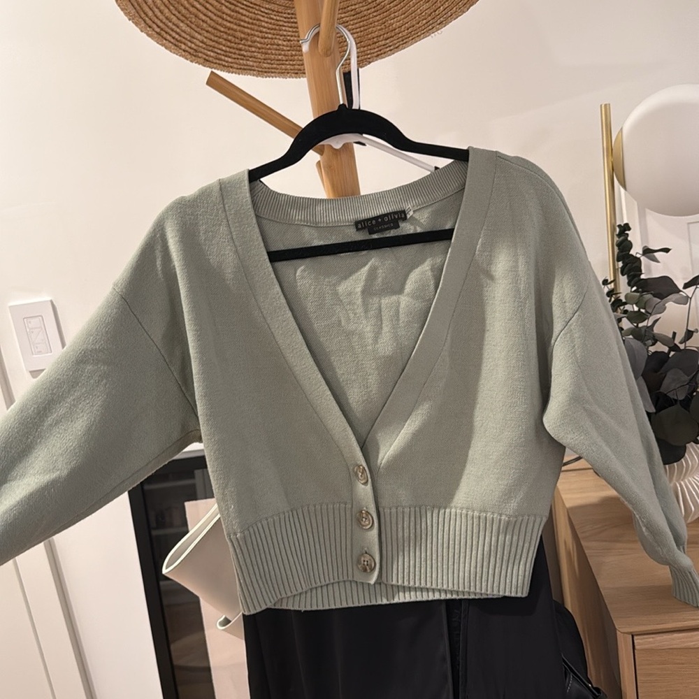 Alice + Olivia Zelina Deep V Cardigan in Sage - Picture 4 of 8